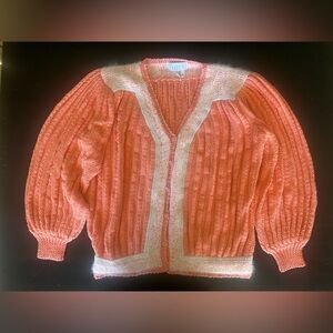 Stunning hand knit vintage Nannel Sweater. Coral with white and pearl accents.